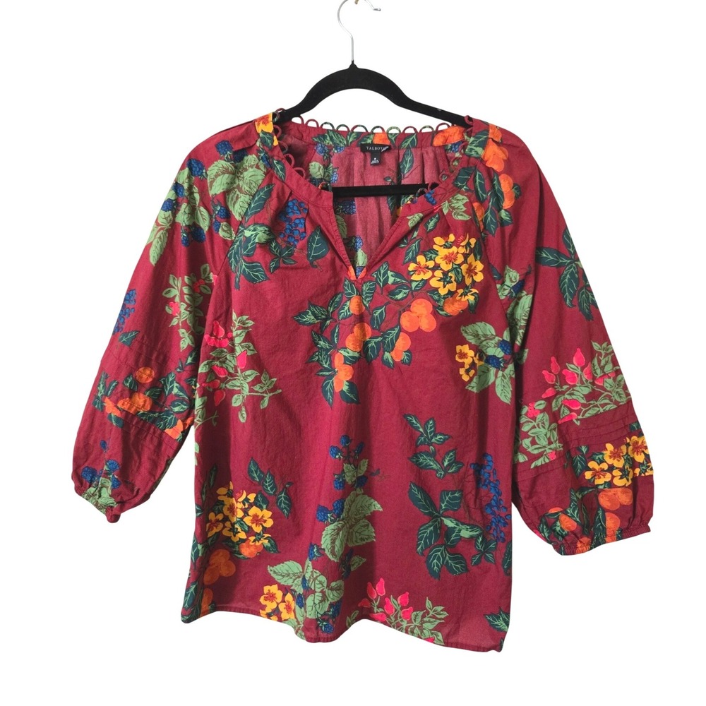 Talbots Womens M Blouse Floral Fruit Botanical 3/4 Cotton Top Balloon Sleeve